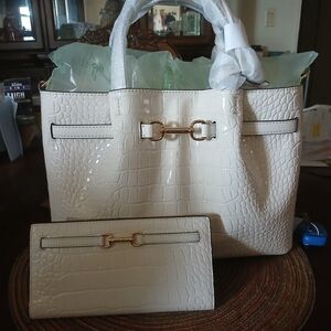 Michael Kors White Croc-Embossed Tote with Matching Wallet and Gold Hardware